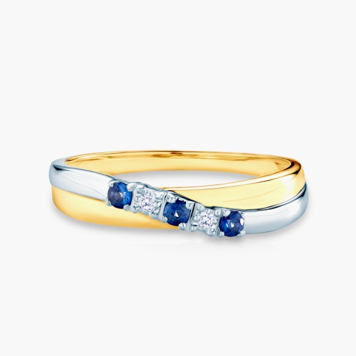 Pierścionek SAVICKI: dwukolorowe złoto, niebieskie szafiry, diamenty